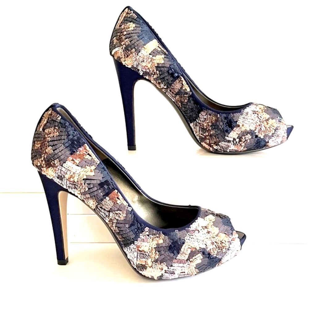 Ferragamo Silver Blue Sequin Heels 8